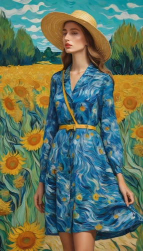 girl in flowers,yellow sun hat,girl in the garden,vincent van gough,himilayan blue poppy,straw hat,oil painting on canvas,country dress,oil painting,sunflower field,sea beach-marigold,field of flowers,oil on canvas,girl picking flowers,mazarine blue,post impressionism,blooming field,helianthus,girl in a long dress,blue daisies,Art,Artistic Painting,Artistic Painting 03