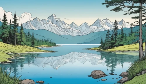 landscape background,mountain scene,salt meadow landscape,mountain lake,mountain landscape,glacial lake,mountainlake,mountainous landscape,mountain range,maligne lake,alpine lake,mountains,high mountain lake,alaska,background view nature,mountain ranges,yukon territory,cool woodblock images,moraine,background image,Illustration,American Style,American Style 14