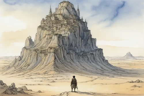 tower of babel,stone desert,knight's castle,stone towers,castle of the corvin,stone tower,heroic fantasy,post-apocalyptic landscape,ancient city,ruined castle,cloud mountain,old earth,fairy chimney,the ruins of the,devil's tower,barren,neo-stone age,summit castle,sand castle,gold castle,Illustration,Paper based,Paper Based 29