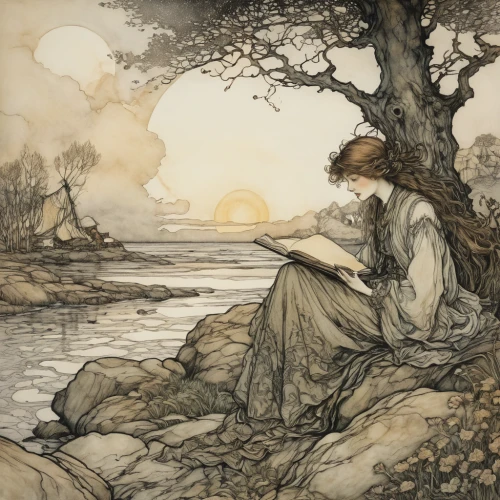 arthur rackham,kate greenaway,rusalka,alfons mucha,mucha,girl on the river,the blonde in the river,woman at the well,the night of kupala,idyll,fae,dryad,girl with tree,jessamine,the sea maid,glean,lilian gish - female,summer solstice,charlotte cushman,jrr tolkien,Illustration,Retro,Retro 25