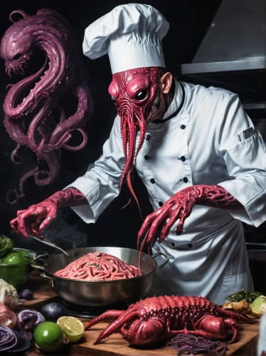 chef,calamari,cooking book cover,men chef,octopus,red cooking,chef hat,octopus tentacles,culinary art,carpaccio,kraken,giant squid,cephalopod,pink octopus,chef's hat,giant pacific octopus,chef hats,gastronomy,cacciucco,chef's uniform,Illustration,Realistic Fantasy,Realistic Fantasy 47
