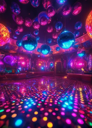 disco,ufo interior,nightclub,disco ball,colored lights,prism ball,ballroom,fractal lights,party lights,mirror ball,dance club,kaleidoscope,neon cocktails,fractal environment,3d render,discobole,circus stage,colorful light,dance pad,rave,Illustration,Realistic Fantasy,Realistic Fantasy 38