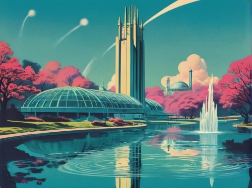 futuristic landscape,utopian,epcot center,futuristic architecture,metropolis,temples,art deco,travel poster,epcot spaceship earth,atomic age,futuristic art museum,futuristic,olympiapark,space port,epcot ball,fantasy city,epcot,citadel,sci-fi,sci - fi,Conceptual Art,Sci-Fi,Sci-Fi 29