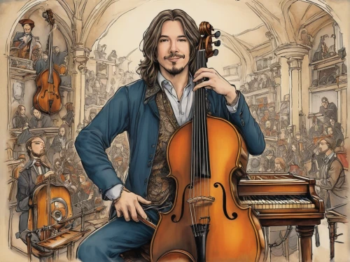 cello,art bard,violoncello,cellist,violin player,violone,violinist,violin,violinist violinist,bass violin,bard,kit violin,leonardo devinci,orchestra,upright bass,octobass,musician,symphony orchestra,playing the violin,double bass,Illustration,Paper based,Paper Based 29