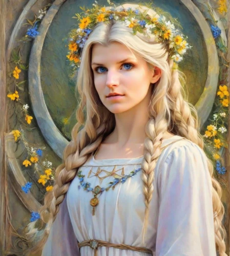 jessamine,fantasy portrait,rapunzel,elsa,white rose snow queen,elven flower,fairy tale character,golden wreath,faery,beautiful girl with flowers,celtic woman,celtic queen,faerie,fairy queen,girl in a wreath,fantasy art,girl in flowers,mystical portrait of a girl,emile vernon,eglantine