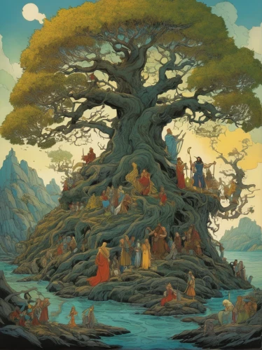 tree of life,bodhi tree,the japanese tree,celtic tree,flourishing tree,family tree,colorful tree of life,magic tree,the branches of the tree,the roots of trees,sacred fig,wondertree,bird kingdom,old tree,tangerine tree,oak tree,roots,studio ghibli,fig tree,tree,Illustration,Realistic Fantasy,Realistic Fantasy 04