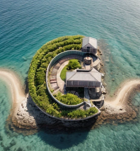 fisher island,artificial island,round house,island suspended,artificial islands,round hut,uluwatu,helipad,uninhabited island,house of the sea,infinity swimming pool,islet,sunken church,rügen island,lavezzi isles,floating island,military fort,luxury property,popeye village,house by the water,Realistic,Landscapes,Tropical