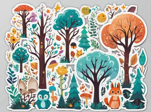 forest animals,woodland animals,animal stickers,cartoon forest,autumn forest,autumn trees,winter forest,fall animals,fox stacked animals,snow trees,winter animals,christmas stickers,mixed forest,foxes,trees with stitching,halloween bare trees,deer illustration,trees in the fall,forest background,forest glade,Unique,Design,Sticker