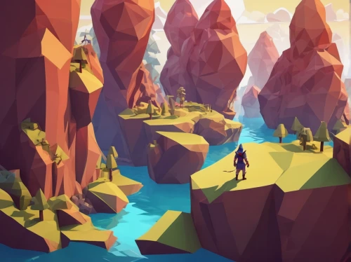 low poly,canyon,low-poly,chasm,futuristic landscape,mountain world,guards of the canyon,narrows,wander,a small waterfall,mountains,exploration,cliffs,virtual landscape,ravine,desert landscape,mountain guide,game illustration,valley,karst landscape,Unique,3D,Low Poly