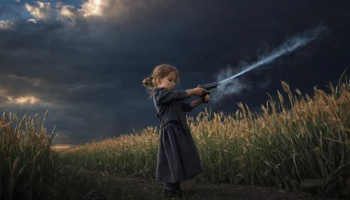 girl with gun,woman holding gun,girl with a gun,little girl in wind,woman of straw,man holding gun and light,conceptual photography,the night of kupala,mystical portrait of a girl,wheat field,wheat fields,woman playing violin,corn field,digital compositing,photo manipulation,broomstick,flautist,fantasy picture,phragmites,straw field,Photography,Documentary Photography,Documentary Photography 22