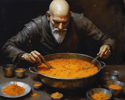 dwarf cookin,dahl,paella,pumpkin soup,cream of pumpkin soup,locro,cookery,orange robes,prejmer,chef,soup kitchen,cholent,creamed corn,tinsmith,cooking book cover,meticulous painting,étouffée,men chef,sopa de mondongo,fondue,Illustration,Abstract Fantasy,Abstract Fantasy 18