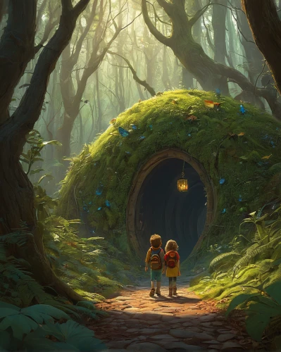 studio ghibli,dandelion hall,my neighbor totoro,happy children playing in the forest,forest path,exploration,fairy forest,fairy door,hobbit,fairy house,hollow way,druid grove,wander,forest walk,fireflies,children's fairy tale,fairy tale,fairy village,a fairy tale,pathway,Illustration,Realistic Fantasy,Realistic Fantasy 28