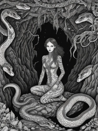 serpent,crocodile woman,snake charmers,medusa,dryad,the enchantress,snake charming,siren,secret garden of venus,gorgon,tentacle,ringed-worm,snakebite,rusalka,medusa gorgon,fantasy art,shamanic,mother nature,sci fiction illustration,tour to the sirens,Illustration,Black and White,Black and White 11