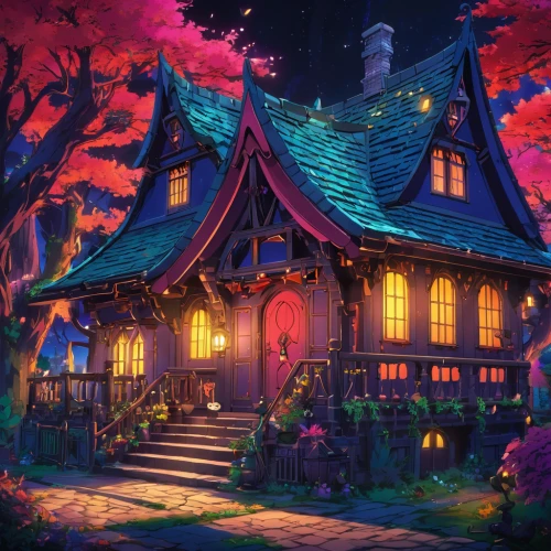 witch's house,house in the forest,halloween scene,little house,fairy tale castle,the haunted house,witch house,cottage,beautiful home,lonely house,halloween background,victorian house,summer cottage,house painting,ancient house,fairy tale,doll's house,haunted house,old home,dandelion hall,Illustration,Japanese style,Japanese Style 03