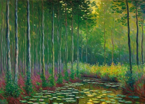 forest landscape,bamboo forest,row of trees,birch forest,green forest,claude monet,giverny,green landscape,forest path,bamboo plants,riparian forest,brook landscape,river landscape,wetland,forest background,arboretum,the forests,post impressionist,green meadow,saplings,Art,Artistic Painting,Artistic Painting 04