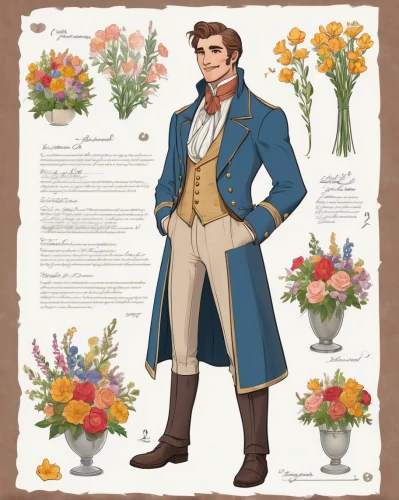florist gayfeather,the son of lilium persicum,jonquil,flower essences,flowers png,rose flower illustration,flower illustration,flower illustrative,with a bouquet of flowers,borage family,bach flower therapy,flower arranging,floribunda,marguerite,larkspur,florists,male character,frock coat,bunches of rowan,robert harbeck,Unique,Design,Character Design