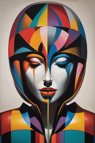 art deco woman,psychedelic art,multicolor faces,decorative figure,glass painting,cubism,bodypainting,pop art woman,facets,cool pop art,art deco,harlequin,woman face,head woman,effect pop art,woman thinking,meridians,abstract cartoon art,woman's face,woman sculpture,Art,Artistic Painting,Artistic Painting 34