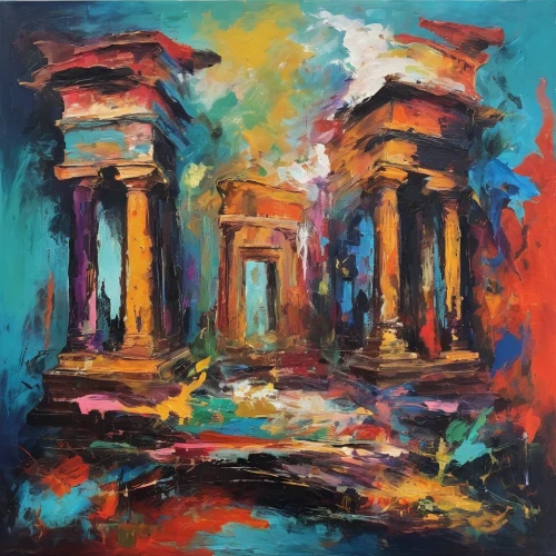 greek temple,pillars,temple of diana,petra,roman temple,pompeii,columns,three pillars,ancient greek temple,artemis temple,fori imperiali,ruins,ancient city,pantheon,temple of hercules,egyptian temple,roman columns,vittoriano,poseidons temple,doric columns,Conceptual Art,Oil color,Oil Color 20