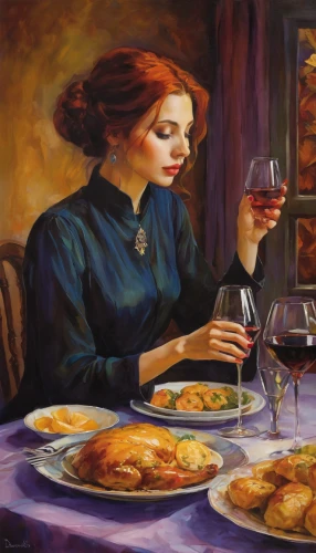 a glass of wine,food and wine,woman holding pie,glass of wine,woman at cafe,winemaker,wineglass,red wine,italian painter,oil painting on canvas,romantic dinner,oil painting,woman drinking coffee,aperitif,wine tavern,girl with bread-and-butter,wine,wine house,meticulous painting,bistrot,Illustration,Realistic Fantasy,Realistic Fantasy 30
