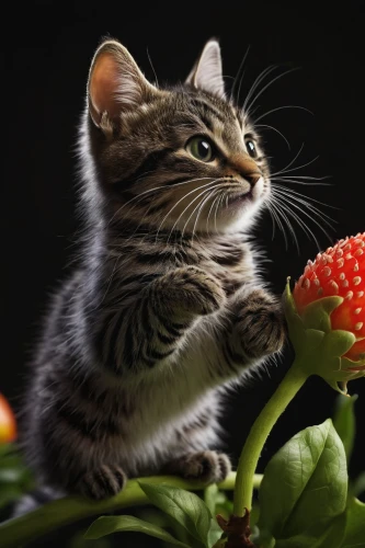 strawberry flower,american shorthair,strawberry plant,flower cat,fresh berries,american bobtail,blossom kitten,tabby kitten,cute cat,berries,pet vitamins & supplements,animal photography,strawberries,flower arranging,fresh fruits,cute animals,small animal food,cat image,raspberries,cat food,Conceptual Art,Daily,Daily 05