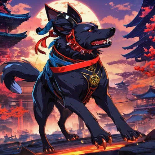 akita,black shepherd,inari,kitsune,akita inu,chinese imperial dog,dusk background,sensoji,nikko,formosan mountain dog,shikoku,kado,doberman,jeongol,wuchang,howl,tsukemono,goki,samurai,goji,Illustration,Japanese style,Japanese Style 03