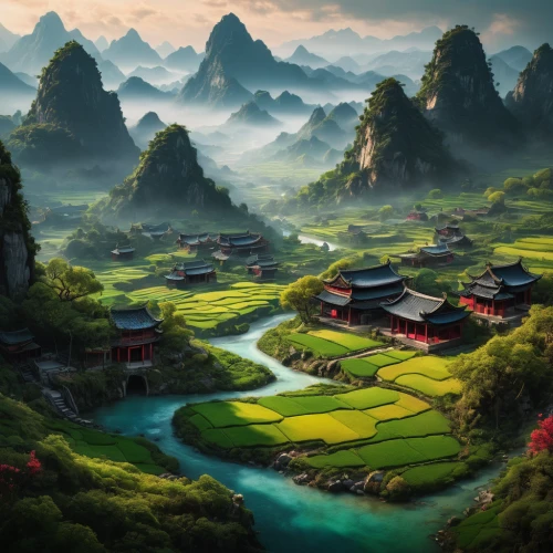 guilin,guizhou,yunnan,chinese art,mountainous landscape,mountain landscape,japan landscape,fantasy landscape,south korea,world digital painting,mountain village,vietnam,chinese architecture,landscape background,rice fields,ham ninh,oriental,chinese background,green landscape,huangshan maofeng,Photography,General,Fantasy