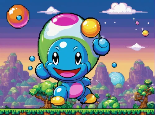 rimy,pixaba,grapes icon,yoshi,water bomb,bonbon,bubble mist,bubbles,bayberry,mascot,soap bubbles,kirby,rainbow background,three-lobed slime,dango,tara,small bubbles,water turtle,edit icon,pixel art,Unique,Pixel,Pixel 02