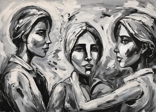 charcoal drawing,art painting,two girls,oil painting on canvas,ink painting,oil painting,art exhibition,depressed woman,faces,white figures,photo painting,women at cafe,the girl's face,young women,girl in a long,glass painting,woman thinking,charcoal,the three graces,the mirror,Conceptual Art,Oil color,Oil Color 24
