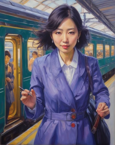 the girl at the station,japanese woman,asian woman,woman holding a smartphone,vietnamese woman,mari makinami,woman pointing,south korea subway,pointing woman,asian vision,oil painting on canvas,korea subway,shirakami-sanchi,girl with bread-and-butter,darjeeling,woman eating apple,oil painting,travel woman,oriental girl,meticulous painting,Illustration,Realistic Fantasy,Realistic Fantasy 30