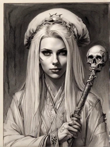 fantasy portrait,gothic portrait,priestess,the witch,voodoo woman,pencil drawing,vintage drawing,charcoal drawing,vampire woman,sorceress,hag,portrait of christi,pencil drawings,khokhloma painting,witch,maiden,charcoal pencil,la catrina,jessamine,white lady