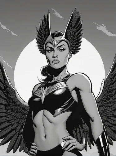 birds of prey-night,goddess of justice,black angel,birds of prey,nite owl,harpy,winged,archangel,dark angel,phoenix,the archangel,thunderbird,wonderwoman,bird of prey,super heroine,crow queen,raven girl,wonder woman,fantasy woman,winged heart,Illustration,Black and White,Black and White 18