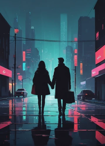 walking in the rain,couple silhouette,cyberpunk,cityscape,city lights,pedestrian,two people,vintage couple silhouette,in the rain,stranger,rainy,neon lights,citylights,night scene,travelers,hold hands,evening city,sci fiction illustration,world digital painting,neon arrows,Conceptual Art,Fantasy,Fantasy 32