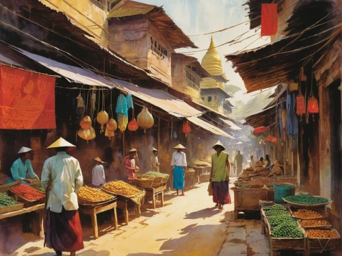 kathmandu,myanmar,street scene,bazaar,narrow street,souk,nepal,vendors,burma,southeast asia,the market,marketplace,chiang mai,large market,mekong,stone town,market,cambodia,durbar square,hanoi,Illustration,Paper based,Paper Based 12