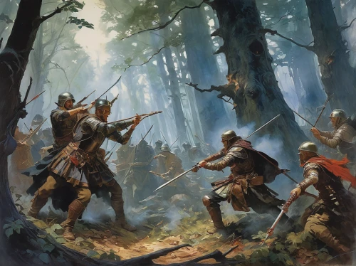 hunting scene,forest workers,heroic fantasy,game illustration,swordsmen,animals hunting,massively multiplayer online role-playing game,skirmish,quarterstaff,germanic tribes,sword fighting,robin hood,guards of the canyon,longbow,the pied piper of hamelin,druids,battle,nomads,woodsman,to hunt,Illustration,Paper based,Paper Based 23