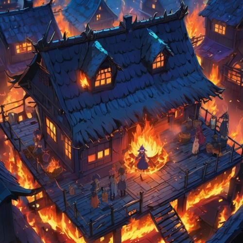house roofs,burning house,witch's house,winter village,house fire,wooden houses,aurora village,crispy house,half-timbered houses,medieval town,fire background,roofs,devilwood,christmas town,witch house,escher village,winter house,fireplaces,houses,knight village,Illustration,Japanese style,Japanese Style 03