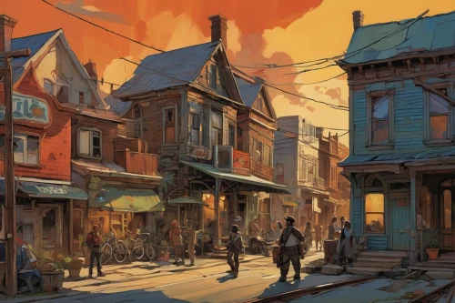 street scene,slums,old town,chinatown,old city,warm colors,wooden houses,new orleans,china town,late afternoon,slum,concept art,old linden alley,st-denis,neighborhood,wild west,row houses,evening atmosphere,deadwood,narrow street,Conceptual Art,Oil color,Oil Color 04