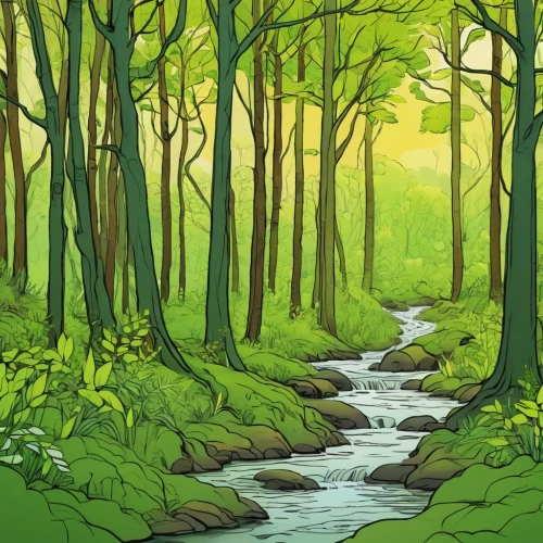 green forest,forests,forest background,cartoon forest,brook landscape,forest glade,forest landscape,streams,the forests,forest,forest path,the brook,riparian forest,elven forest,the forest,swampy landscape,aaa,fairy forest,woodland,flowing creek,Illustration,Retro,Retro 23