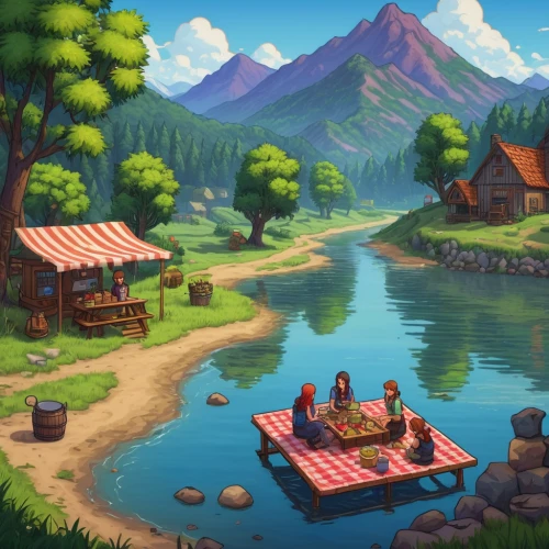 fishing float,idyllic,picnic boat,mountain village,alpine village,mountain settlement,mountain scene,boat landscape,summer cottage,salt meadow landscape,landscape background,river landscape,resort town,home landscape,mountain lake,game illustration,fisherman's house,log cabin,house with lake,campsite,Conceptual Art,Daily,Daily 01