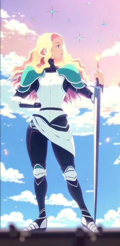 swordswoman,fighting stance,goddess of justice,king sword,knight star,yang,flag staff,best arrow,spear,determination,javelin throw,warrior pose,joan of arc,gigantic,would a background,fantasia,sword lily,the beach pearl,opal,quarterstaff,Common,Common,Japanese Manga
