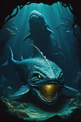 marine reptile,anglerfish,sea monsters,salt water crocodile,water creature,deep sea nautilus,coelacanth,deep sea fish,cuthulu,deep sea,toothed whale,merfolk,freshwater crocodile,crocodile,crocodilian,sea animal,forest fish,god of the sea,merman,leatherback turtle,Illustration,American Style,American Style 12