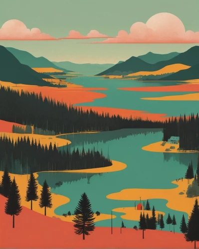 salt meadow landscape,spruce forest,coniferous forest,swampy landscape,fall landscape,river landscape,larch forests,autumn mountains,temperate coniferous forest,vermilion lakes,yukon territory,landscape red,spruce-fir forest,river pines,mountainlake,background vector,landscapes,cartoon forest,nationalpark,high landscape,Illustration,Japanese style,Japanese Style 08