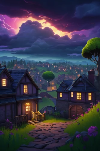 dusk background,cartoon video game background,purple landscape,aurora village,background images,landscape background,houses silhouette,april fools day background,cube background,french digital background,background screen,purple wallpaper,backgrounds,lonely house,halloween background,fantasy landscape,would a background,background image,backgrounds texture,wall,Illustration,Retro,Retro 05