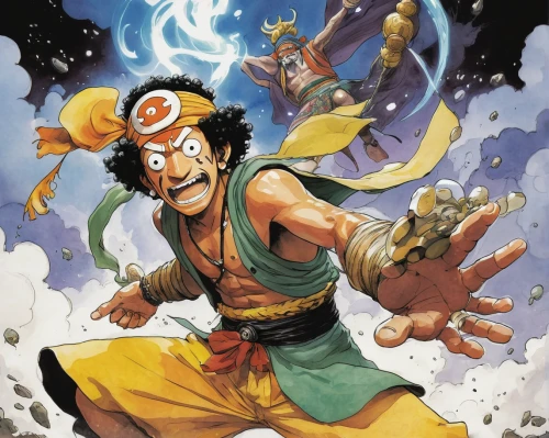 calm usopp,ramayana,sakana,ramayan,dragonball,hercules,aladha,hercules winner,onepiece,dragon ball,aladdin,aladin,chopper,solomon's plume,magus,hero academy,yi sun sin,cover,sea god,5 element,Illustration,Paper based,Paper Based 07