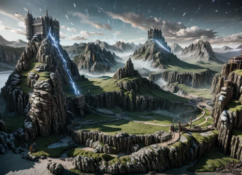 fantasy landscape,mountain settlement,mountain world,futuristic landscape,karst landscape,mountainous landforms,mountainous landscape,fantasy picture,northrend,terraforming,imperial shores,fantasy art,mountain landscape,ancient city,mountain valleys,world digital painting,the landscape of the mountains,knight's castle,mountains,mountain scene