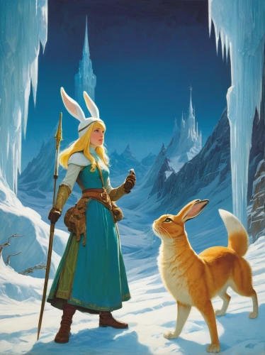 the snow queen,heroic fantasy,northrend,the pied piper of hamelin,guards of the canyon,companion dog,fantasy picture,summoner,the wanderer,adventurer,shepherd,norse,shepherd mongrel,arctic hare,polar aurora,shepherd romance,boy and dog,posavac hound,tundra,glory of the snow,Art,Classical Oil Painting,Classical Oil Painting 42