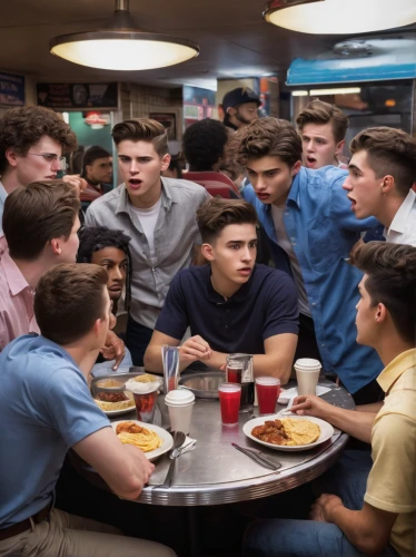 retro diner,cafeteria,diner,last supper,teens,pi kappa alpha,food court,the stake,men sitting,fraternity,male youth,holy supper,men,new york restaurant,soda fountain,canteen,team meeting,dinner party,fast food restaurant,crowded,Conceptual Art,Fantasy,Fantasy 13