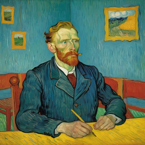 vincent van gogh,vincent van gough,self-portrait,post impressionist,artist portrait,post impressionism,man with a computer,blue painting,picasso,hauhechel blue,braque francais,in seated position,pferdeportrait,blue room,art dealer,thinking man,meticulous painting,carpenter,braque du bourbonnais,portrait,Art,Artistic Painting,Artistic Painting 03