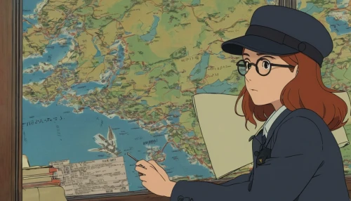 travel woman,studio ghibli,cartography,akko,planisphere,reading magnifying glass,inspector,maps,to travel,globe trotter,map silhouette,orienteering,the girl at the station,sightseeing,navigation,postman,travel map,world travel,lupin,booking flights,Illustration,Japanese style,Japanese Style 14