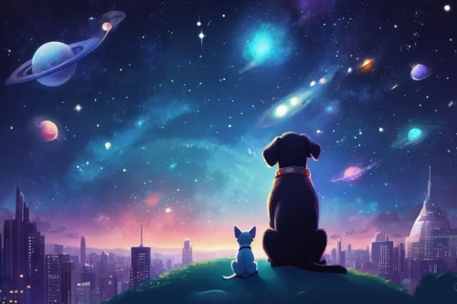 cosmos,astronomer,universe,stargazing,dream world,astronomy,space,starscape,dog and cat,star sky,the night sky,night sky,galaxy,the stars,space art,sci fiction illustration,nightsky,astro,boy and dog,cosmos wind,Conceptual Art,Sci-Fi,Sci-Fi 30