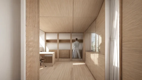 walk-in closet,hallway space,room divider,3d rendering,modern room,inverted cottage,render,archidaily,sliding door,storage cabinet,plywood,wooden sauna,timber house,cupboard,cubic house,japanese-style room,door-container,daylighting,consulting room,railway carriage,Interior Design,Bedroom,Modern,French Zen